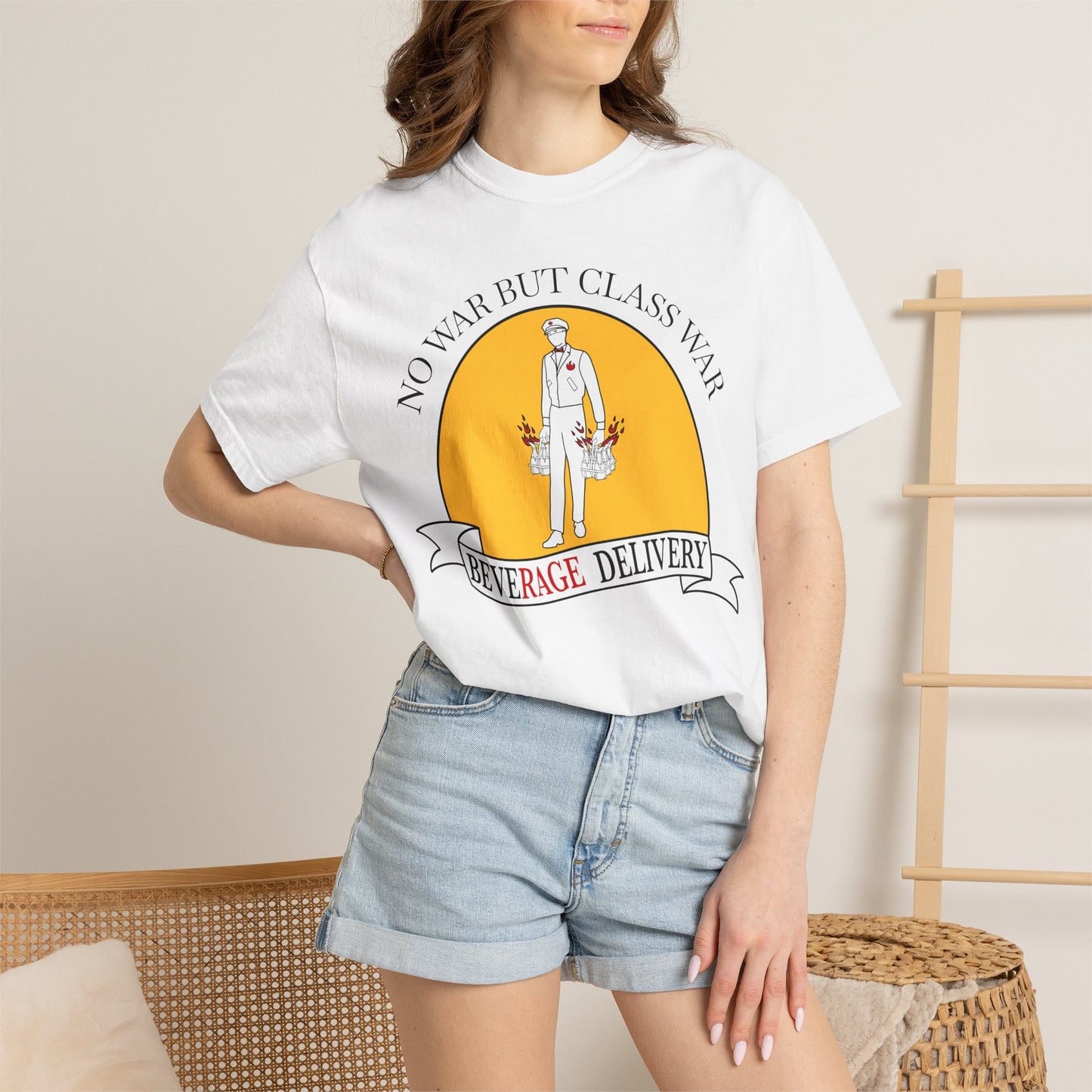 No War But Class War Beverage Delivery T-shirt | Delivery Worker Illustration