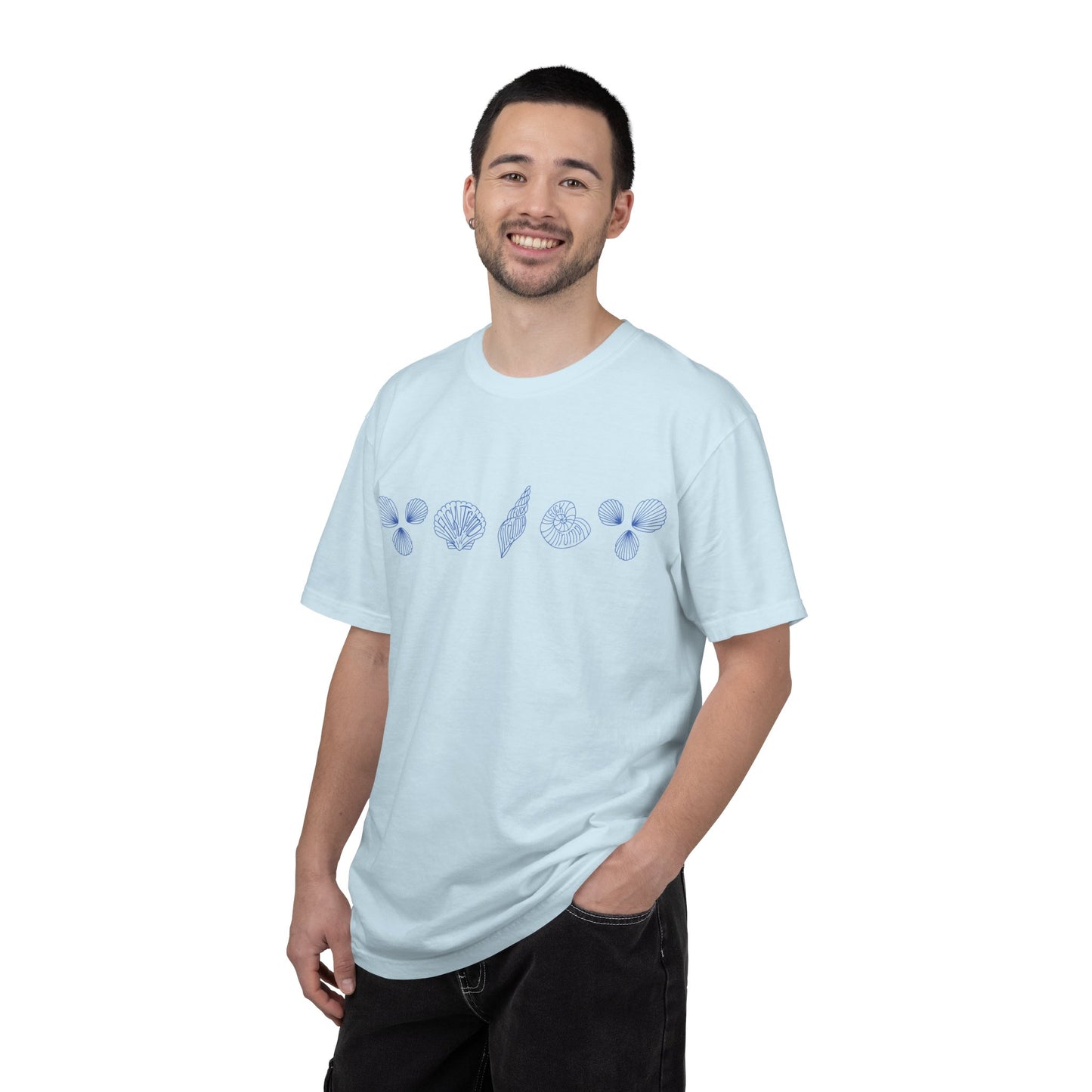 Slightly Subtle Blue Seashell Line Art T-Shirt | Minimal Coastal Doodle Prints FDT