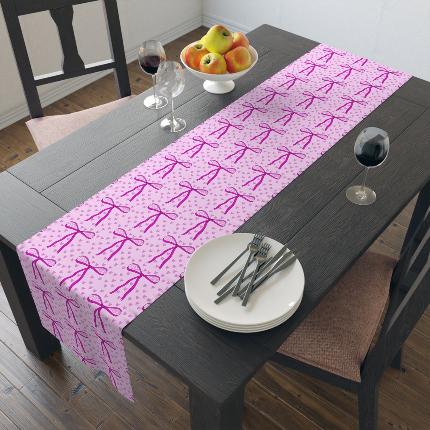 Slightly Subtle Pink Bow Pattern Table Runner | Valentine Hearts Cotton-Poly Table Decor