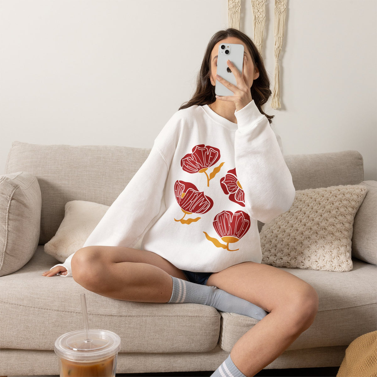 Slightly Subtle Red Poppy Floral Illustration Sweatshirt | Hand-Drawn Blooms, Minimal Botanical FDT