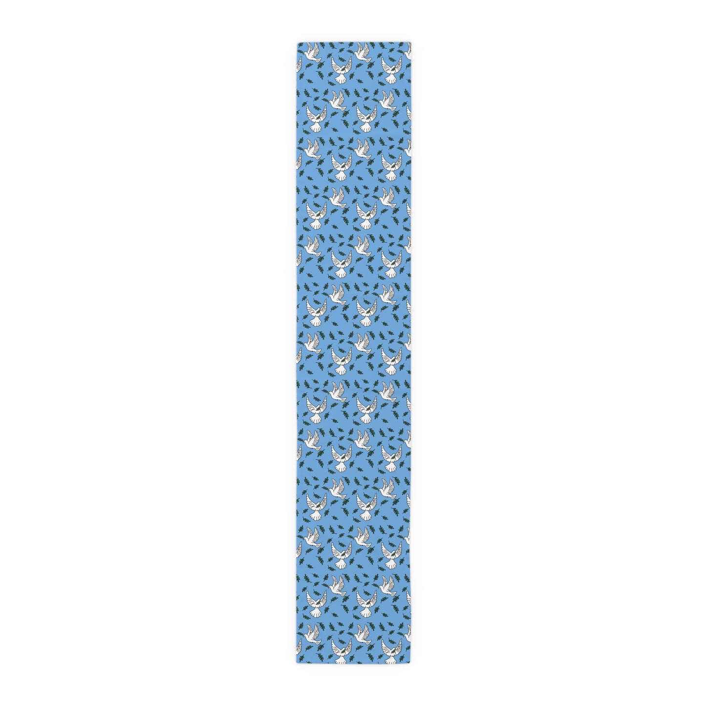 Slightly Subtle White Dove Pattern Table Runner | Blue Olive Branches