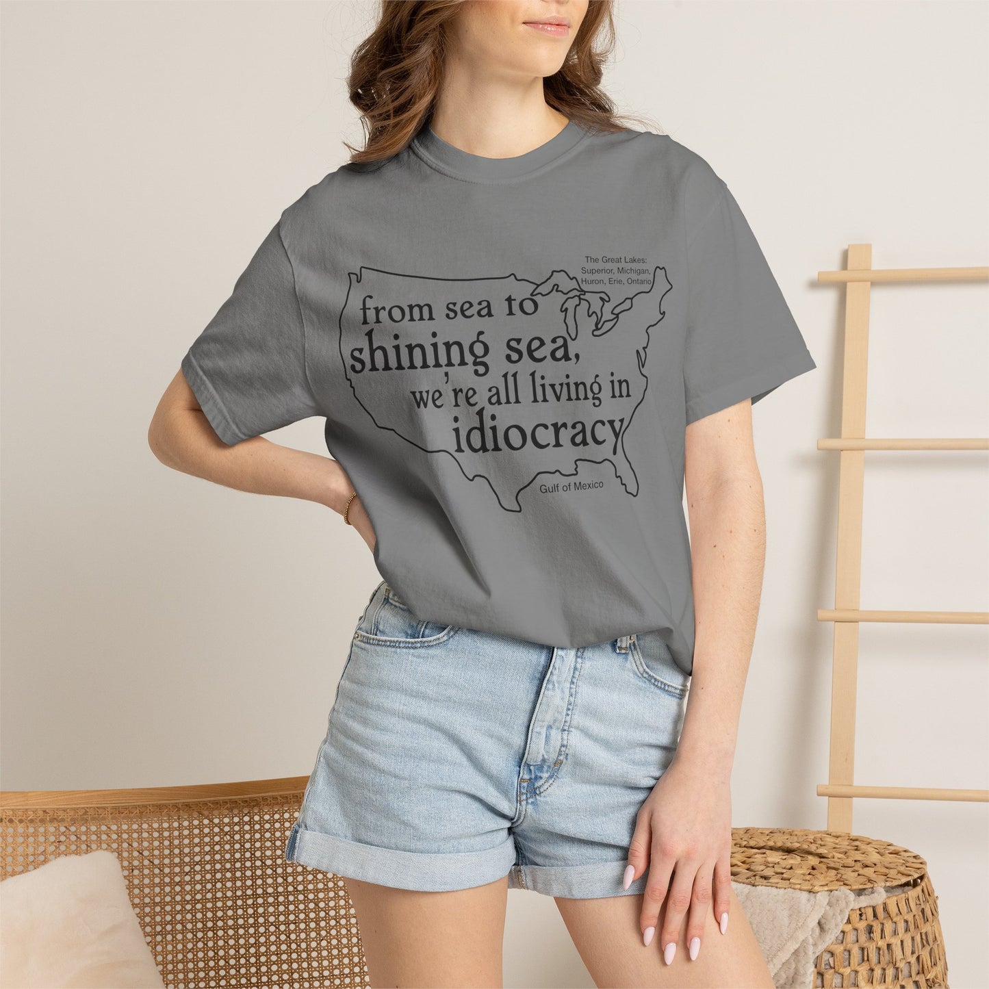 Idiocracy Map T-Shirt  'From sea to shining sea we are living in idiocracy' Minimal Political Tee Great Lakes Gulf of Mexico