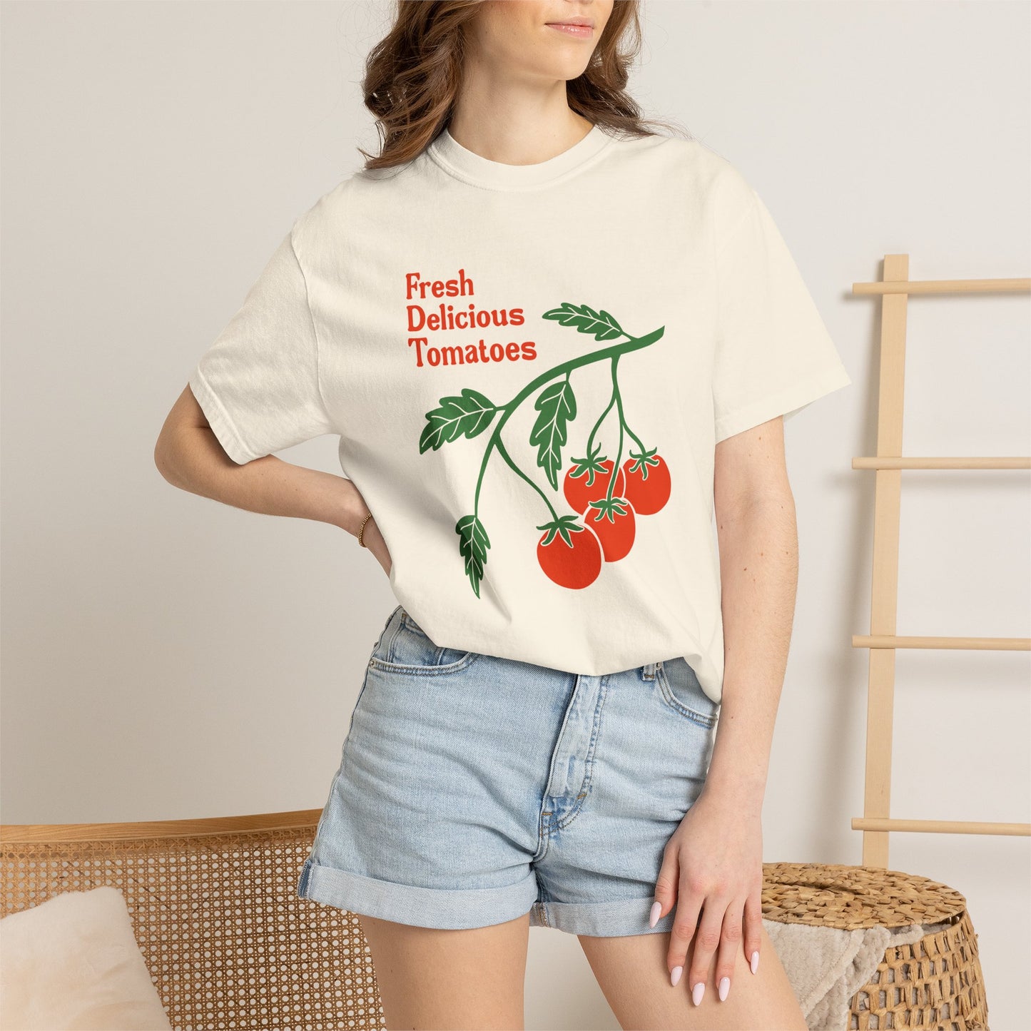 Fresh Delicious Tomatoes T-Shirt | Tomato Vine Illustration, Red Green Produce Tee FDT