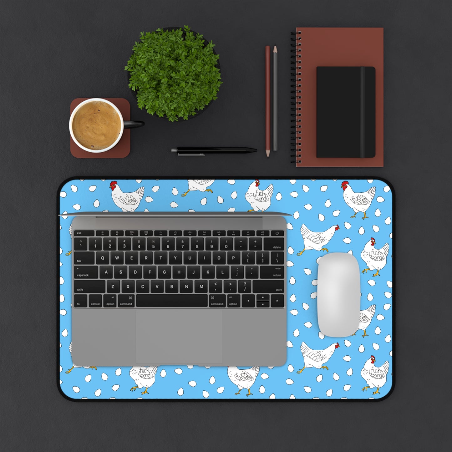 Slightly Subtle White Hen Pattern Desk Mat | Blue Chicken Eggs Pet Food Mat