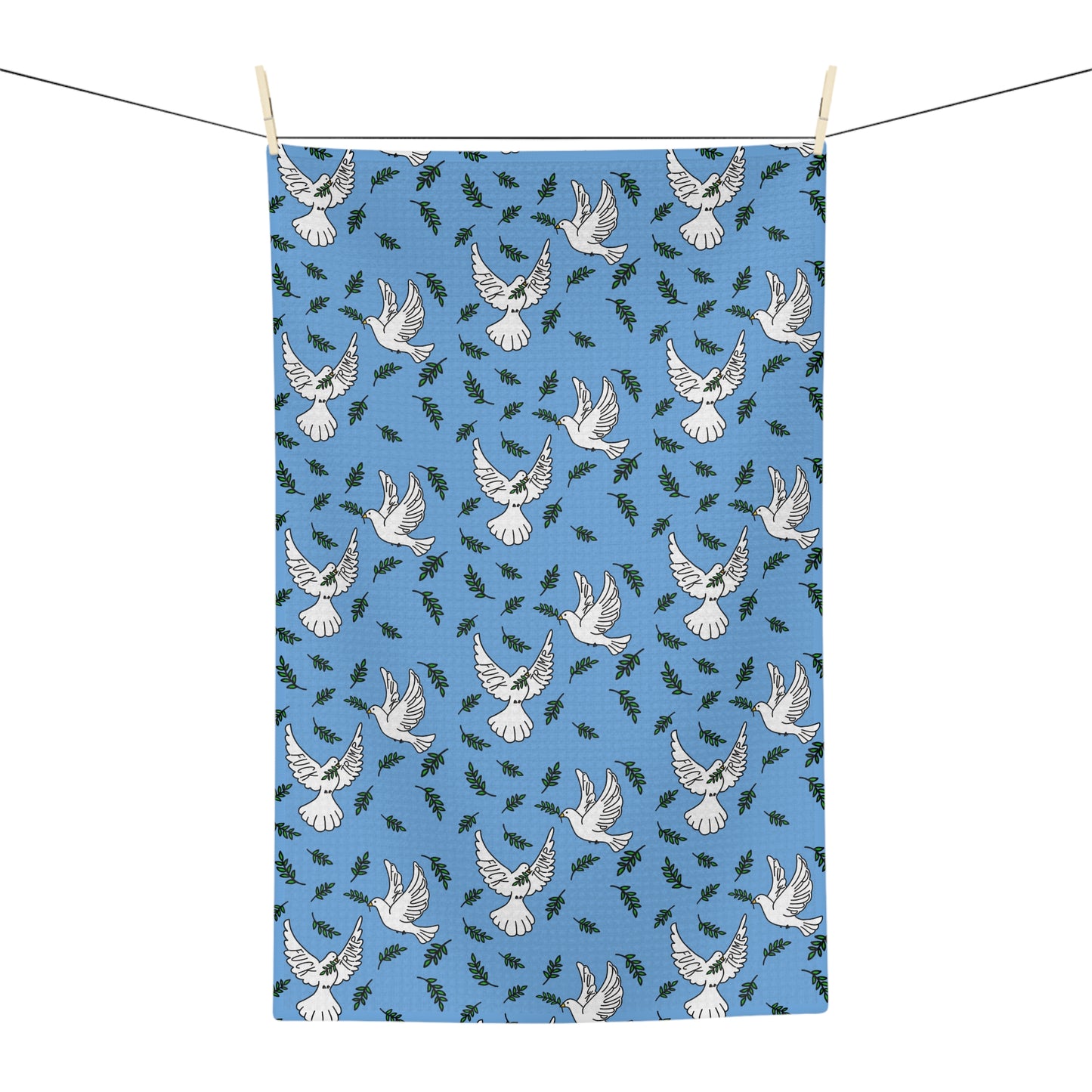 Slightly Subtle White Dove Pattern Microfiber Tea Towel | Blue Olive Branch Sprigs