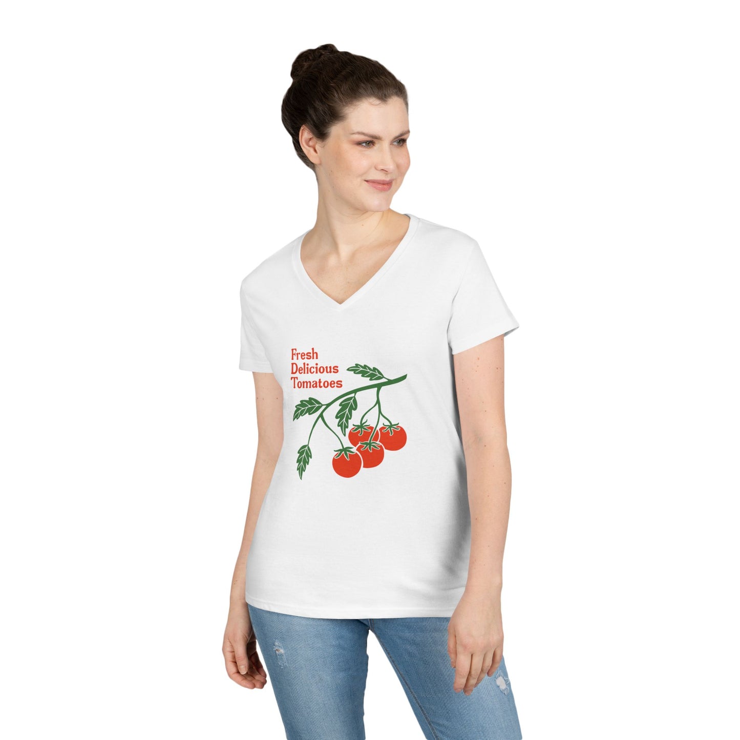 Fresh Delicious Tomatoes V-Neck T-Shirt | Tomato Plant Illustration FDT