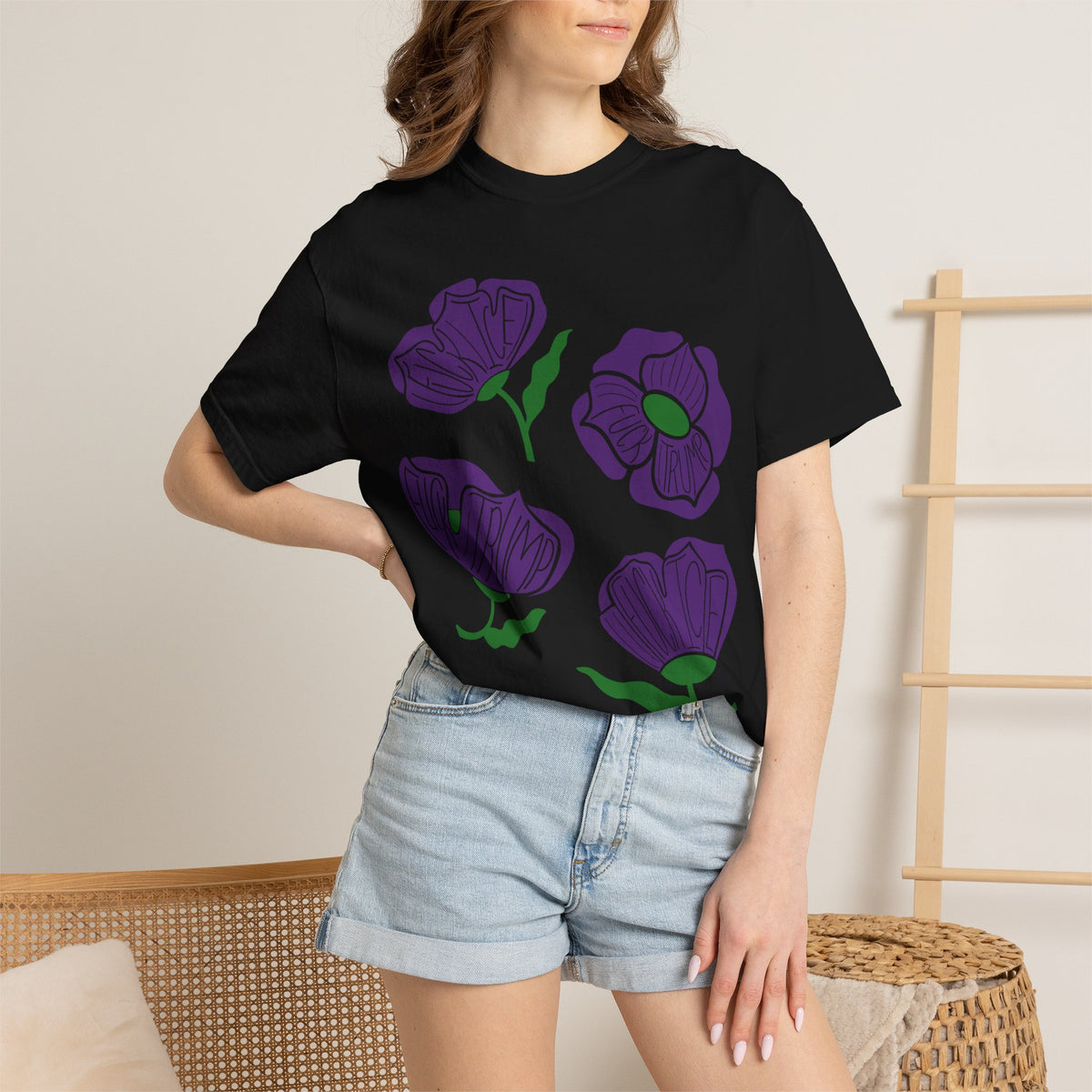 Slightly Subtle Purple Poppy Floral Print T-shirt | Hand-Drawn Flower Illustration FDT