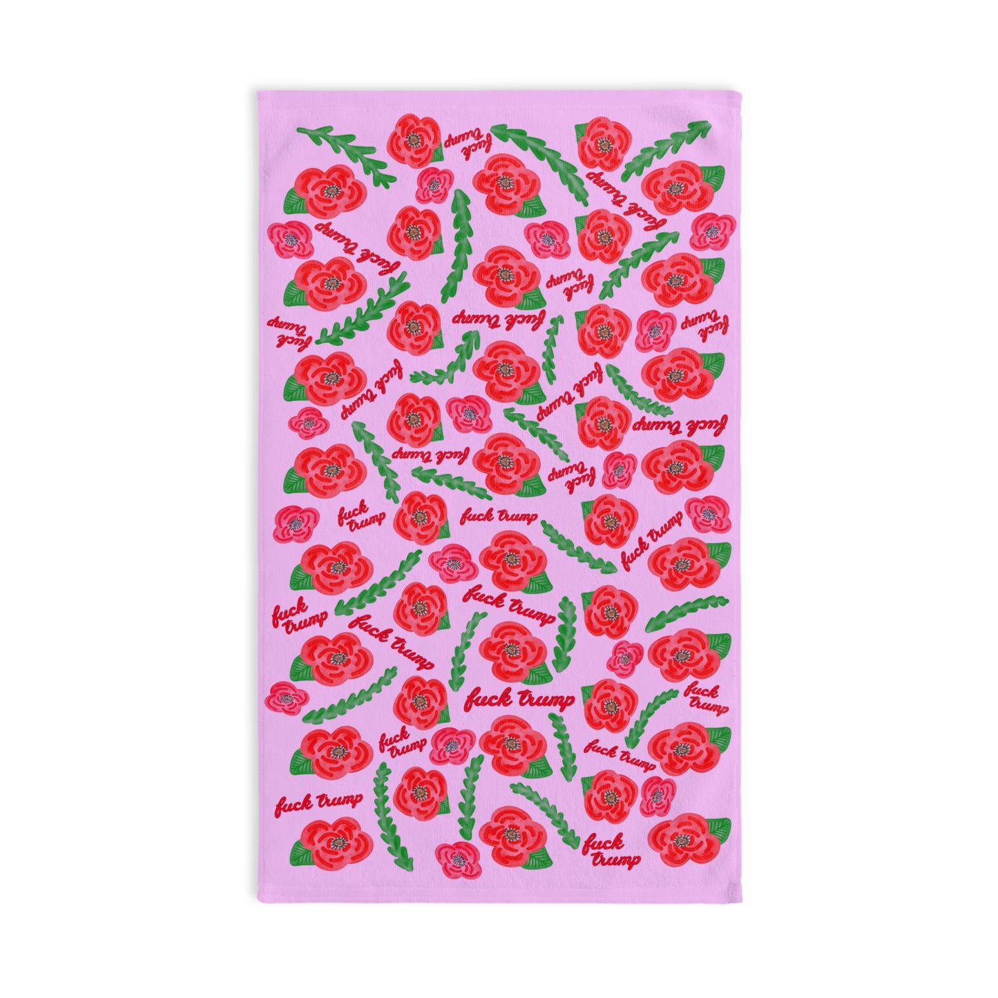 Subtle Red Poppies on Pink Hand Towel
