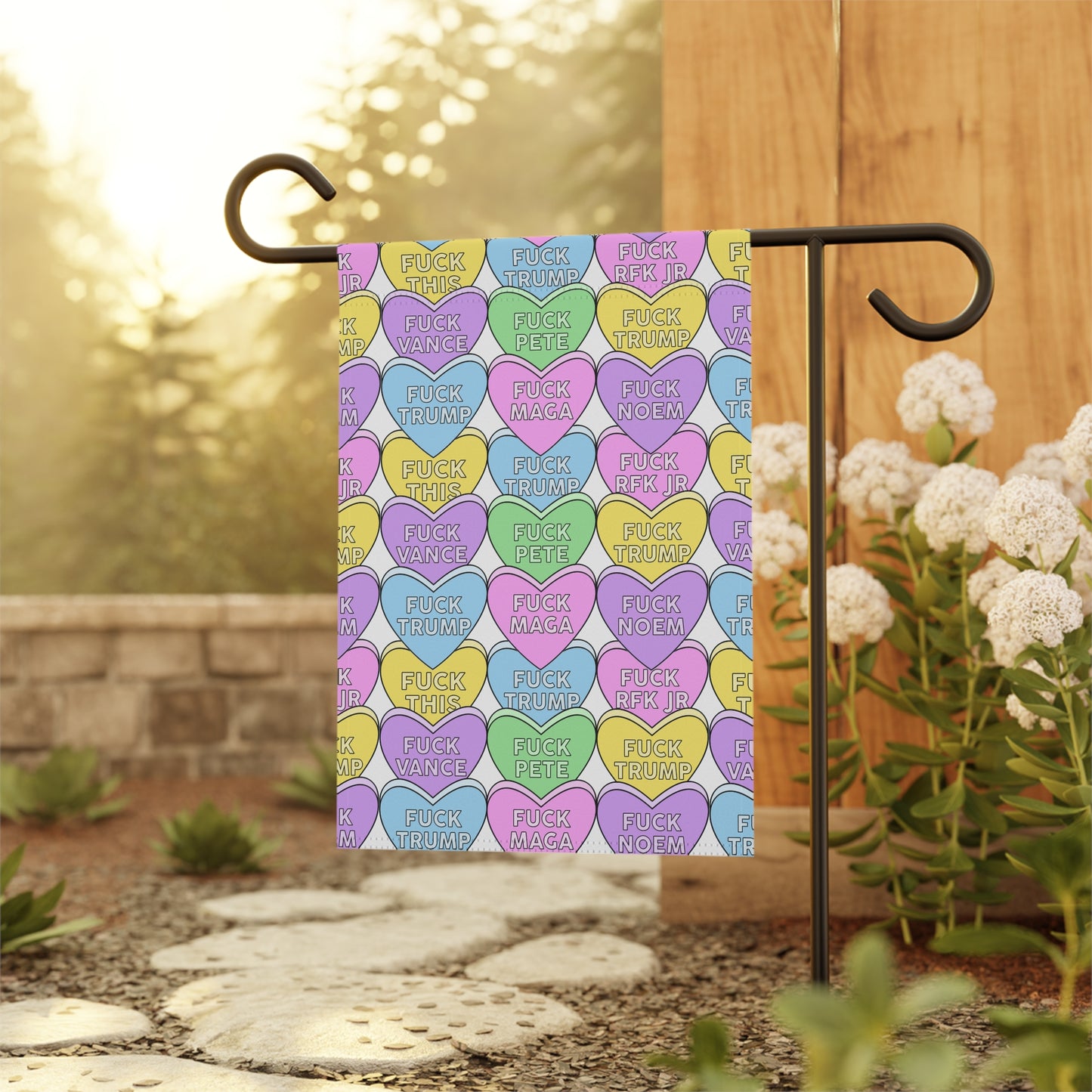 Slightly Subtle Conversation Hearts Garden Flag | House Garden Banner
