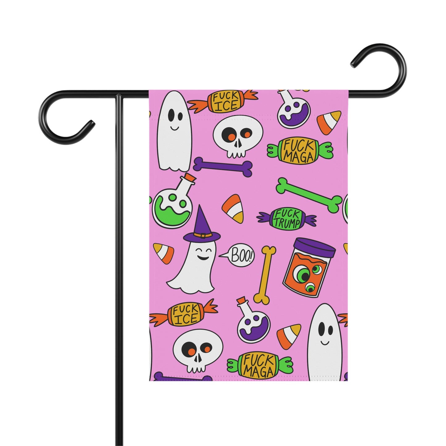 Halloween Political Garden Flag – Ghosts, Skulls & 'F**k Trump' Candy Pattern pink