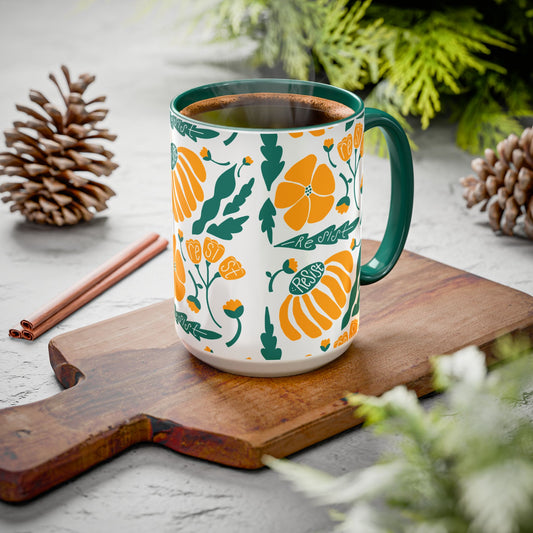 Resist Floral Ceramic Mug — Orange & Teal 11oz/15oz