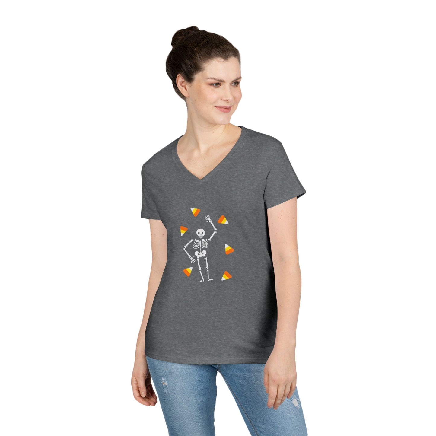 Skeleton & Candy Corn V-Neck Tee Cute Halloween T-Shirt