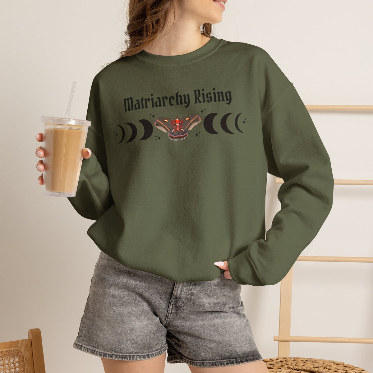 Matriarchy Rising Witchy Moon Phases Moth Crewneck Sweatshirt