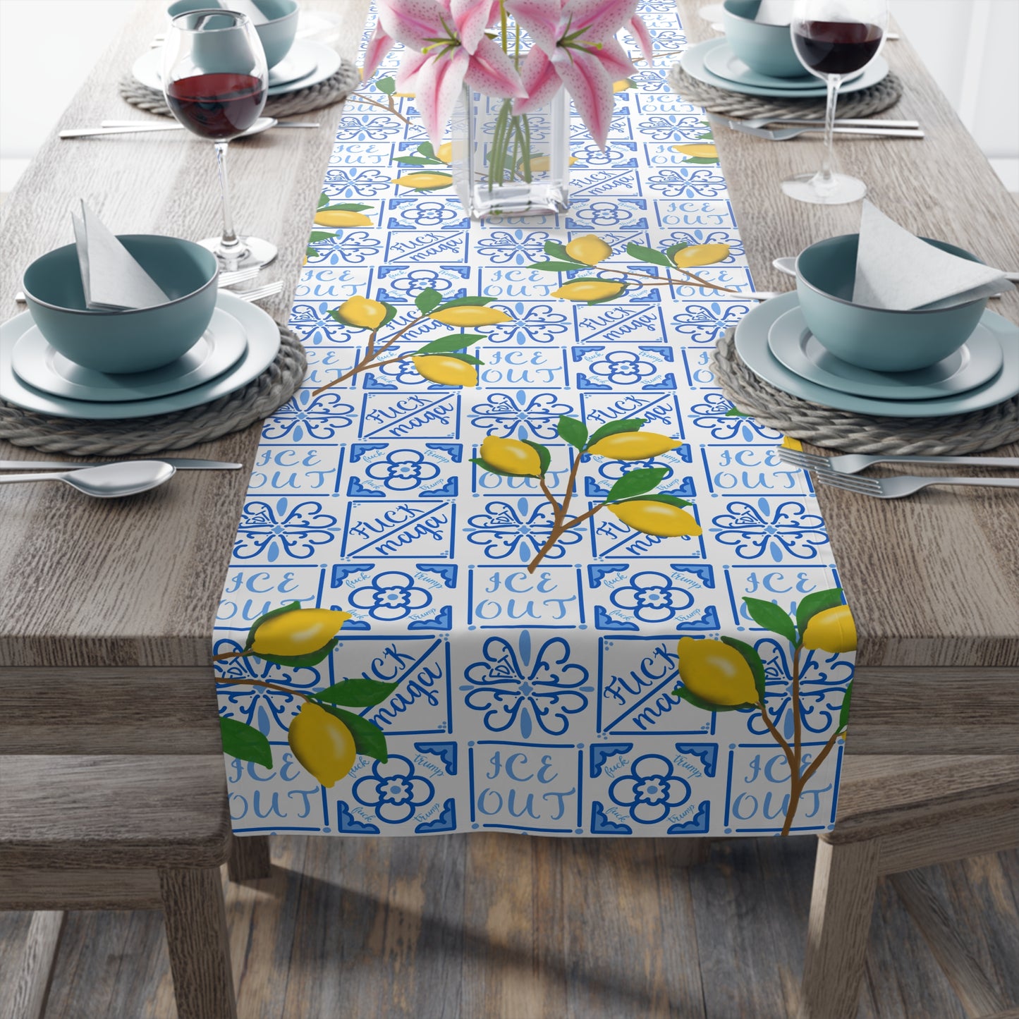 Amalfi Lemon and Blue Tile Pattern Table Runner | Mediterranean Ceramic Blue Motif, Cotton-Poly Blend