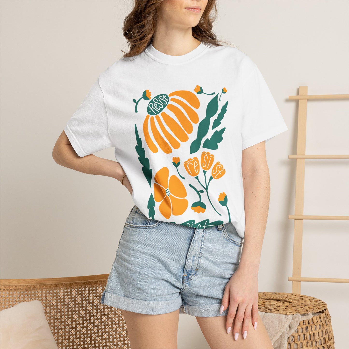 Floral Resist Tee — Retro Orange & Green Autumn Graphic T-Shirt