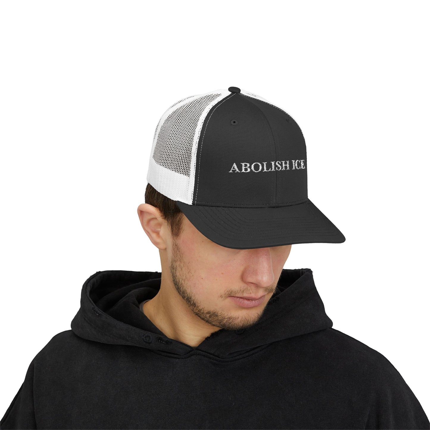 On My Mind Abolish Ice Political Statement Snapback Trucker Cap - Casual, Trendy, Unisex Hat for Activism, Gifts, Everyday Wear, Black and White Design