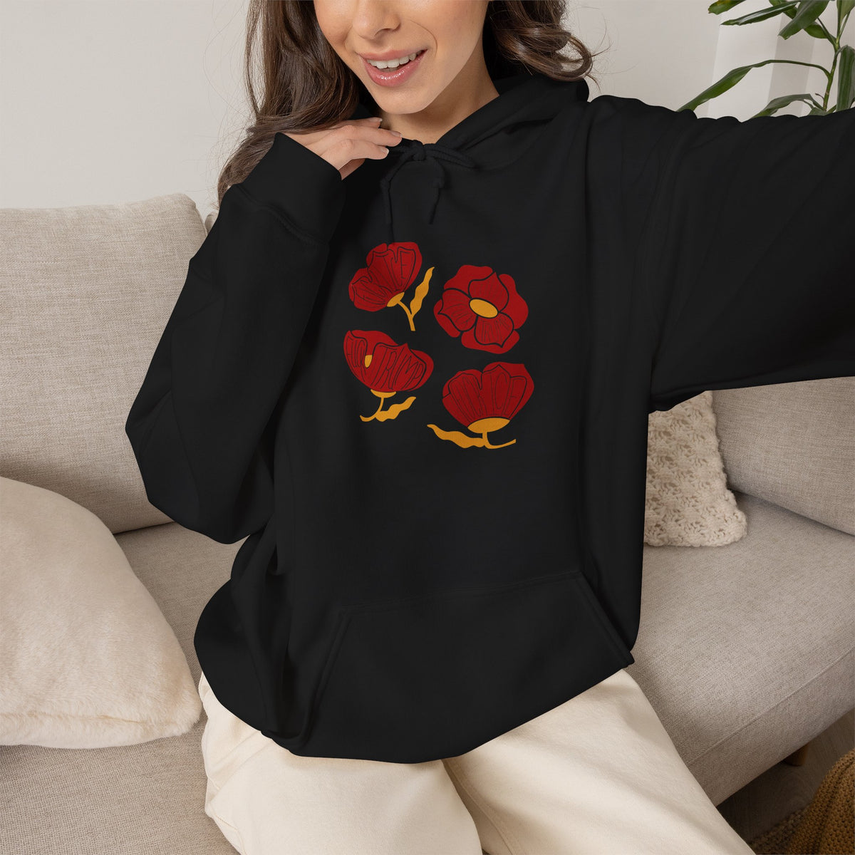 Slightly Subtle Red Poppy Flowers Hoodie | Floral Illustration, Minimal Line Art FDT