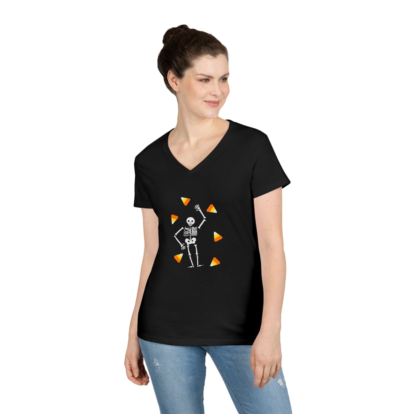 Skeleton & Candy Corn V-Neck Tee Cute Halloween T-Shirt
