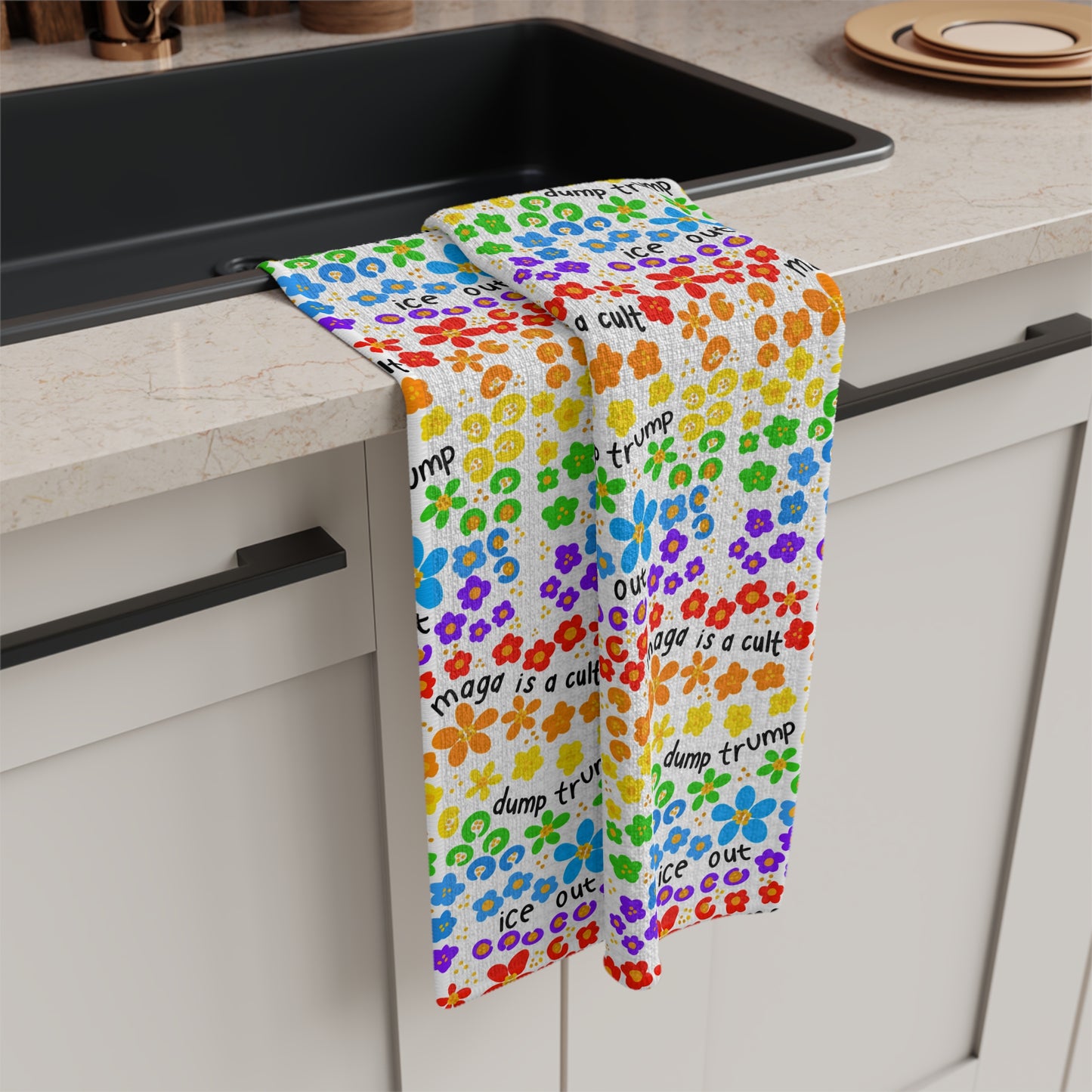 Slightly Subtle Rainbow Floral Pattern Microfiber Tea Towel | Colorful Pride Design
