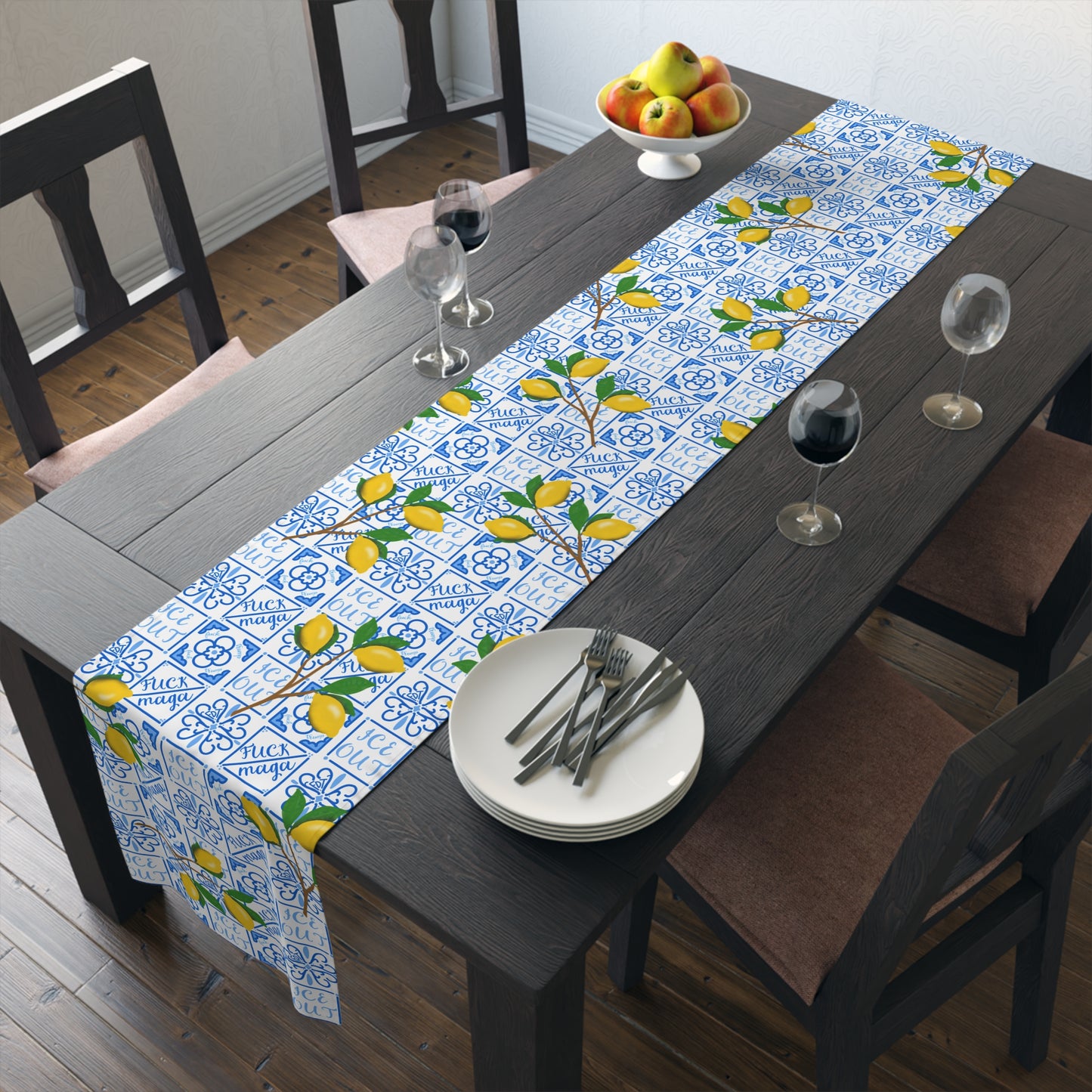 Amalfi Lemon and Blue Tile Pattern Table Runner | Mediterranean Ceramic Blue Motif, Cotton-Poly Blend