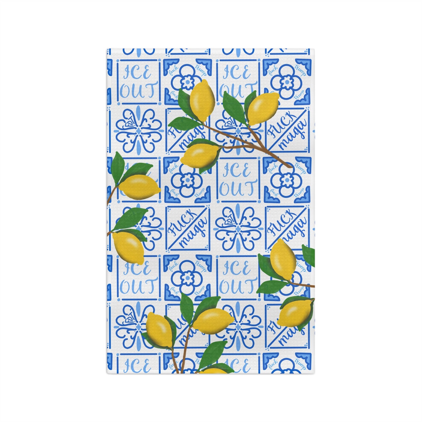 Slightly Subtle Amalfi Lemons on Blue Tile Microfiber Tea Towel | Mediterranean Lemon Kitchen Towel