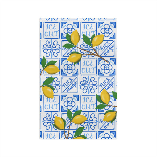 Slightly Subtle Amalfi Lemons on Blue Tile Microfiber Tea Towel | Mediterranean Lemon Kitchen Towel