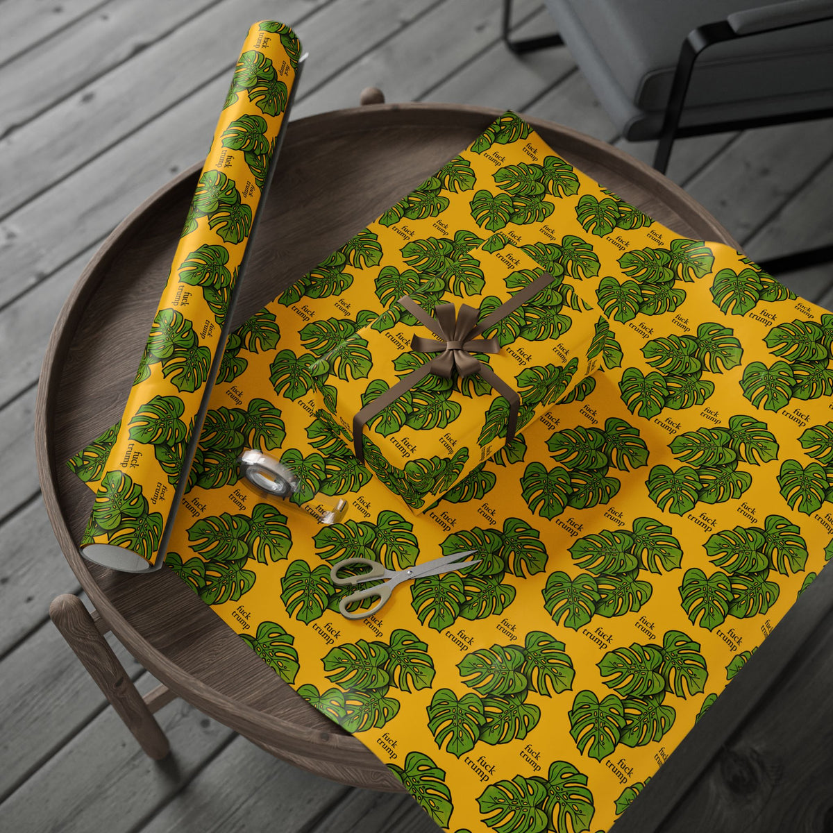 Slightly Subtle Monstera Leaf Pattern FDT Wrapping Paper | Yellow Tropical Botanical Gift Wrap