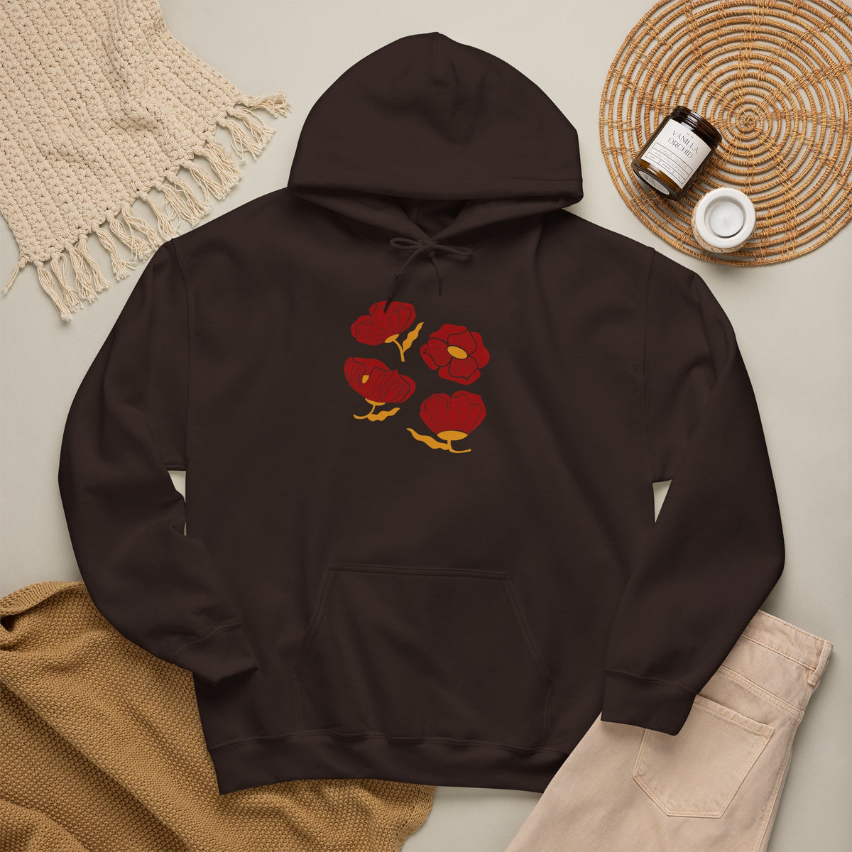 Slightly Subtle Red Poppy Flowers Hoodie | Floral Illustration, Minimal Line Art FDT