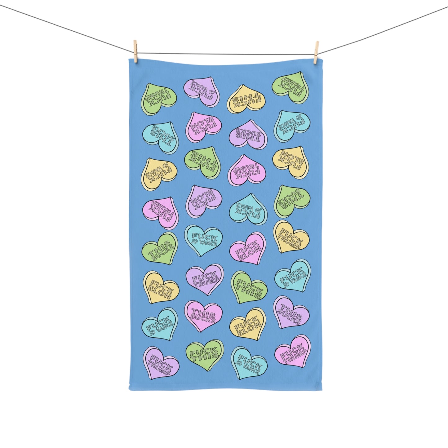 Slightly Subtle Conversation Hearts on Blue Hand Towel