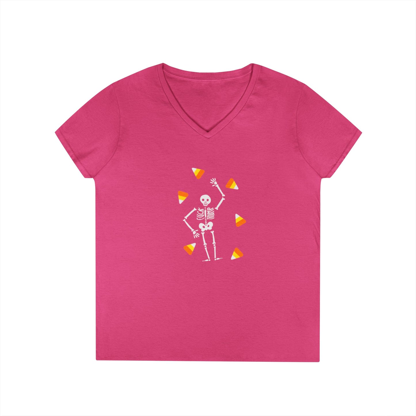Skeleton & Candy Corn V-Neck Tee Cute Halloween T-Shirt