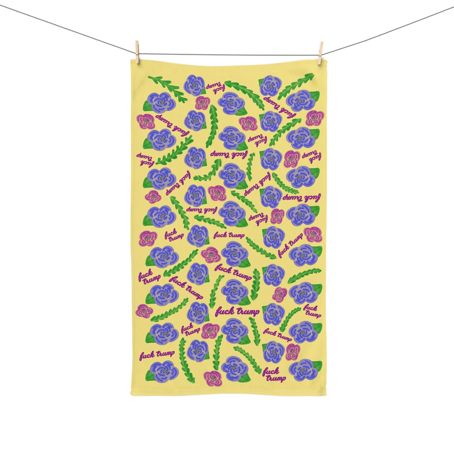 Slightly Subtle Purple Poppies on Yellow Hand Towel