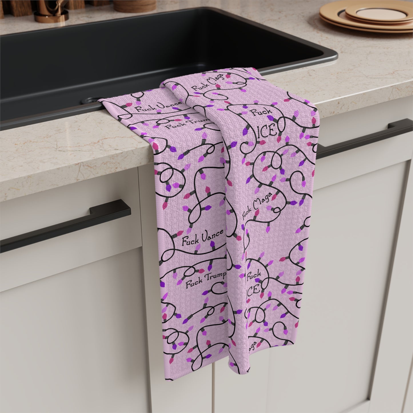 Pink Holiday Lights Microfiber Tea Towel fdt  Christmas Kitchen Towel