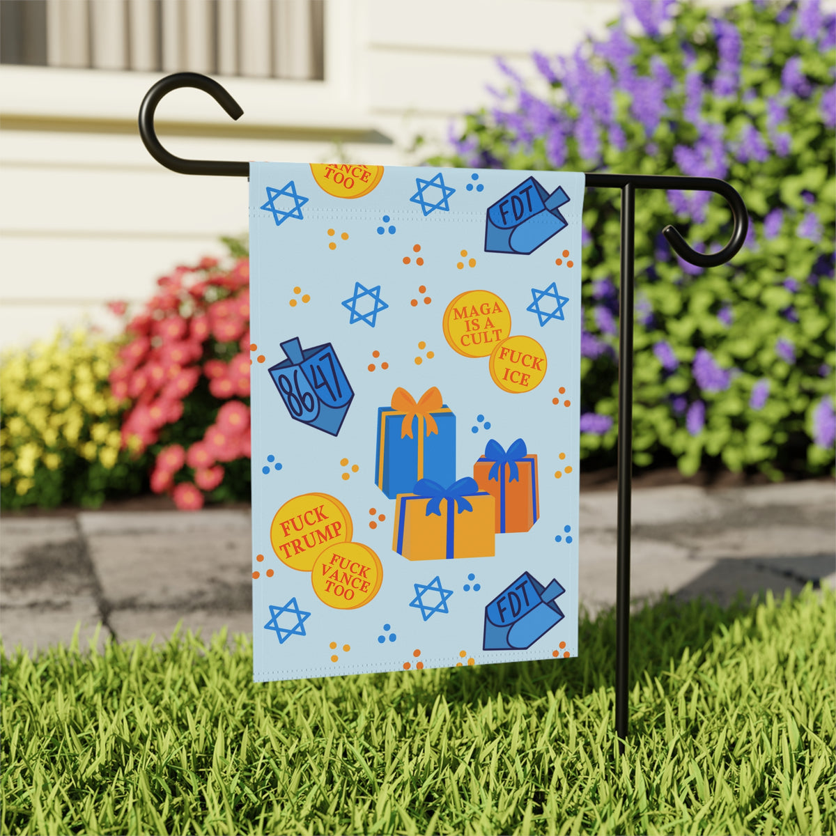 Hanukkah Political Garden Banner Dreidel Gelt Gifts Anti-MAGA, Pro-Democracy Gift Design