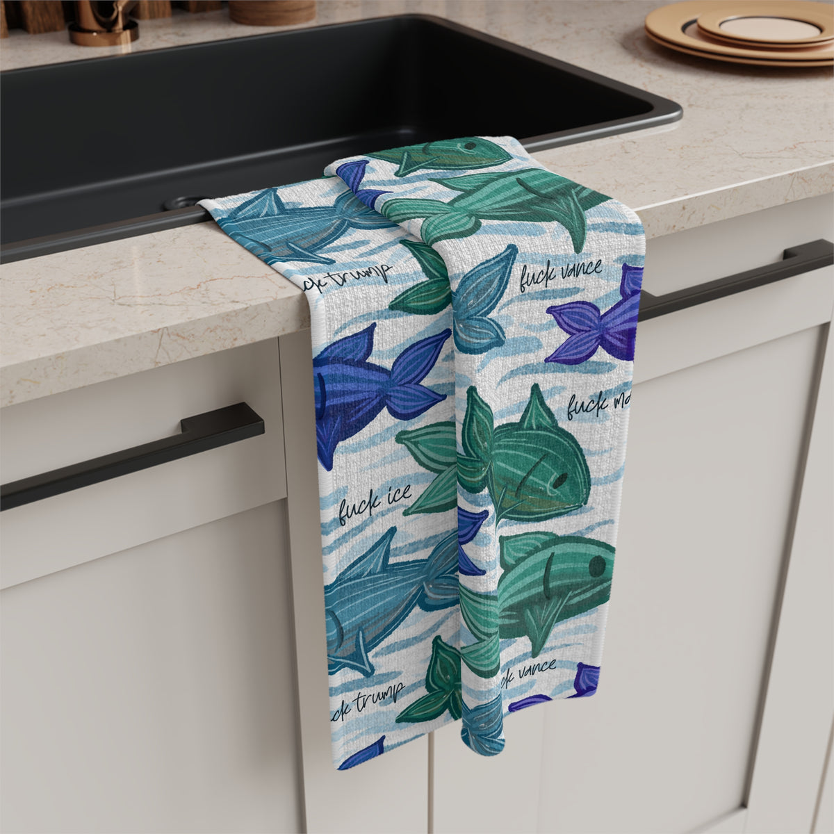 Painterly Fish Pattern Microfiber Tea Towel Blue & Green Coastal Kitchen Linen