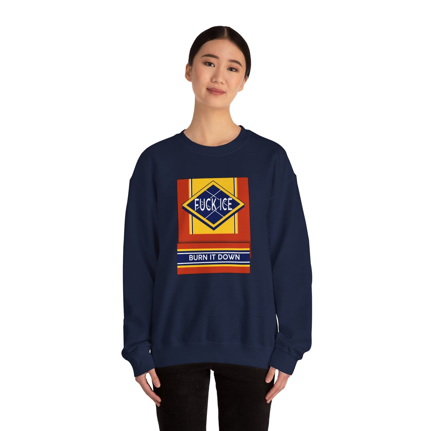 Matchbook graphic crewneck sweatshirt | Burn It Down design, protest slogan