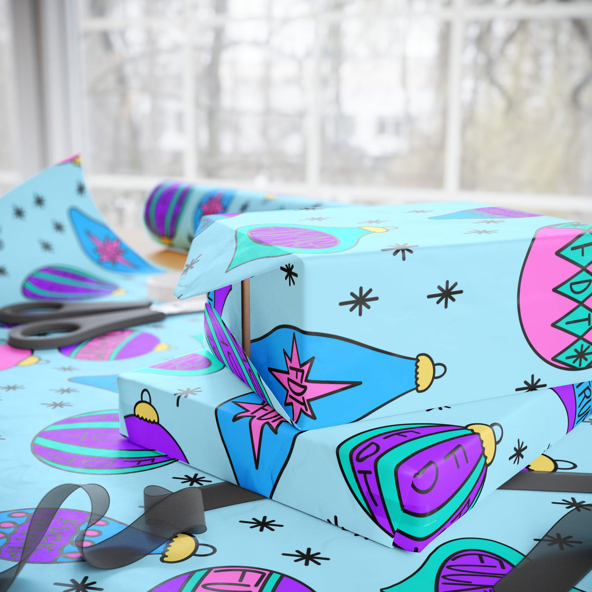 Slightly Subtle Retro Ornament Pattern Blue FDT Wrapping Paper | Blue Pink Holiday Wrap