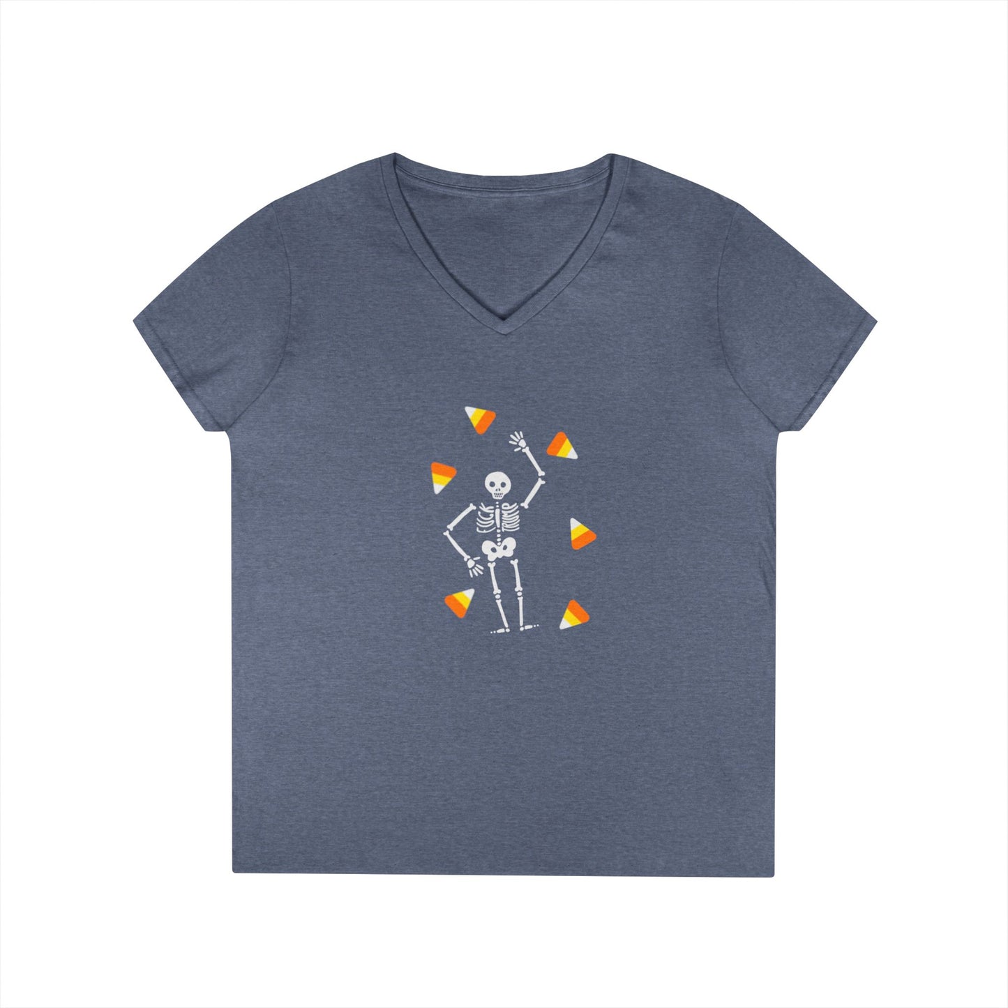 Skeleton & Candy Corn V-Neck Tee Cute Halloween T-Shirt