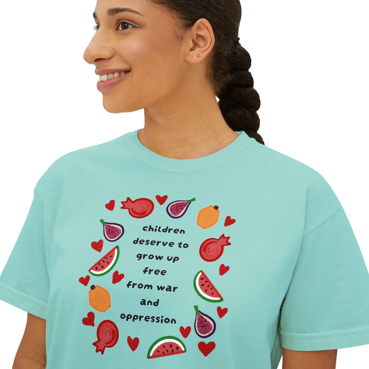 Women’s Boxy CROP Tee "Children Deserve to Grow Up Free From War and Oppression" Peaceful Fruit Graphic