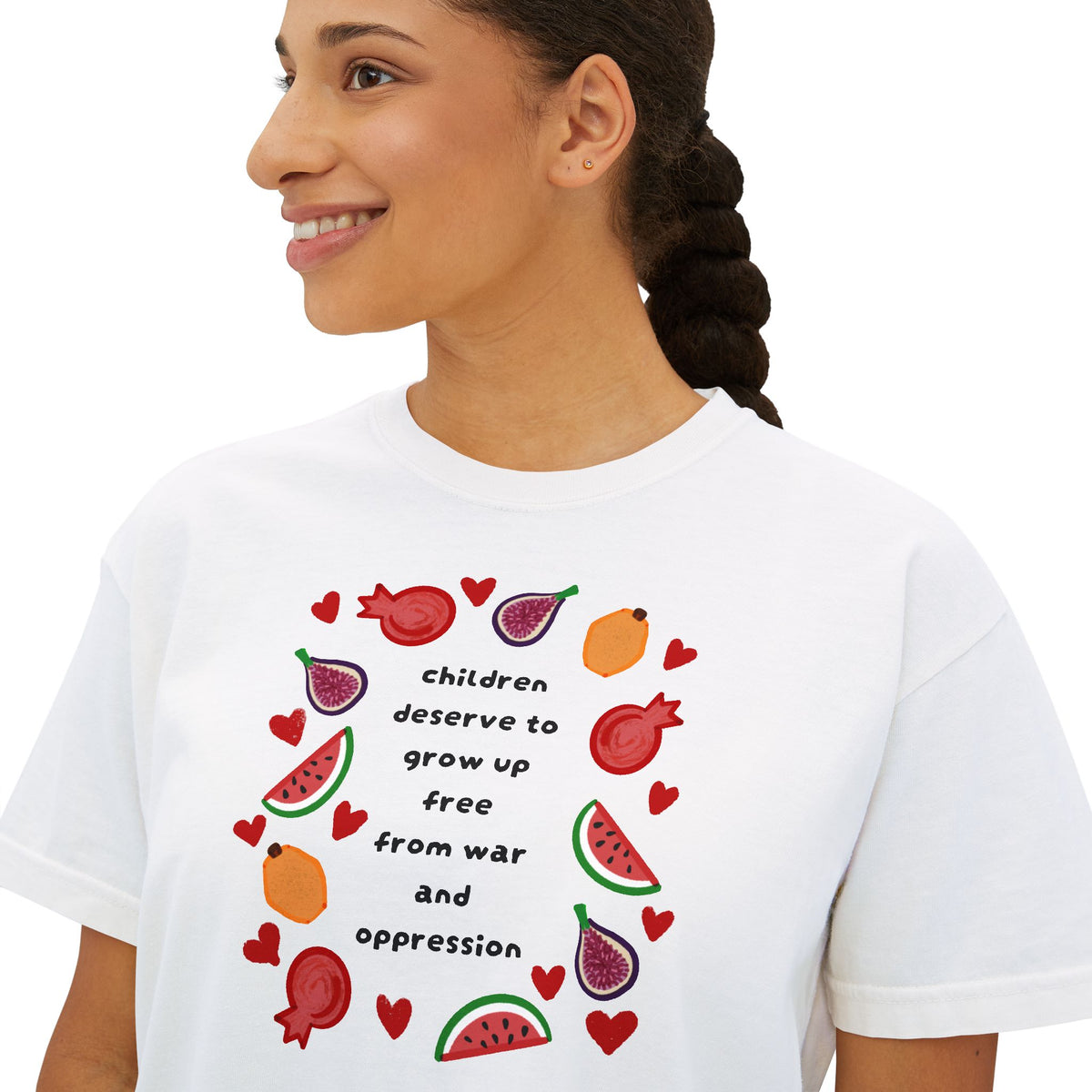 Women’s Boxy CROP Tee "Children Deserve to Grow Up Free From War and Oppression" Peaceful Fruit Graphic
