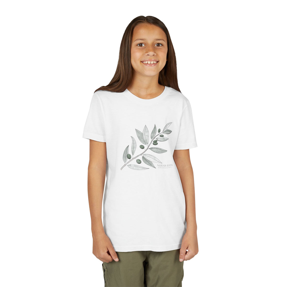 Youth Short Sleeve Tee with Olive Botanical Leaf Design