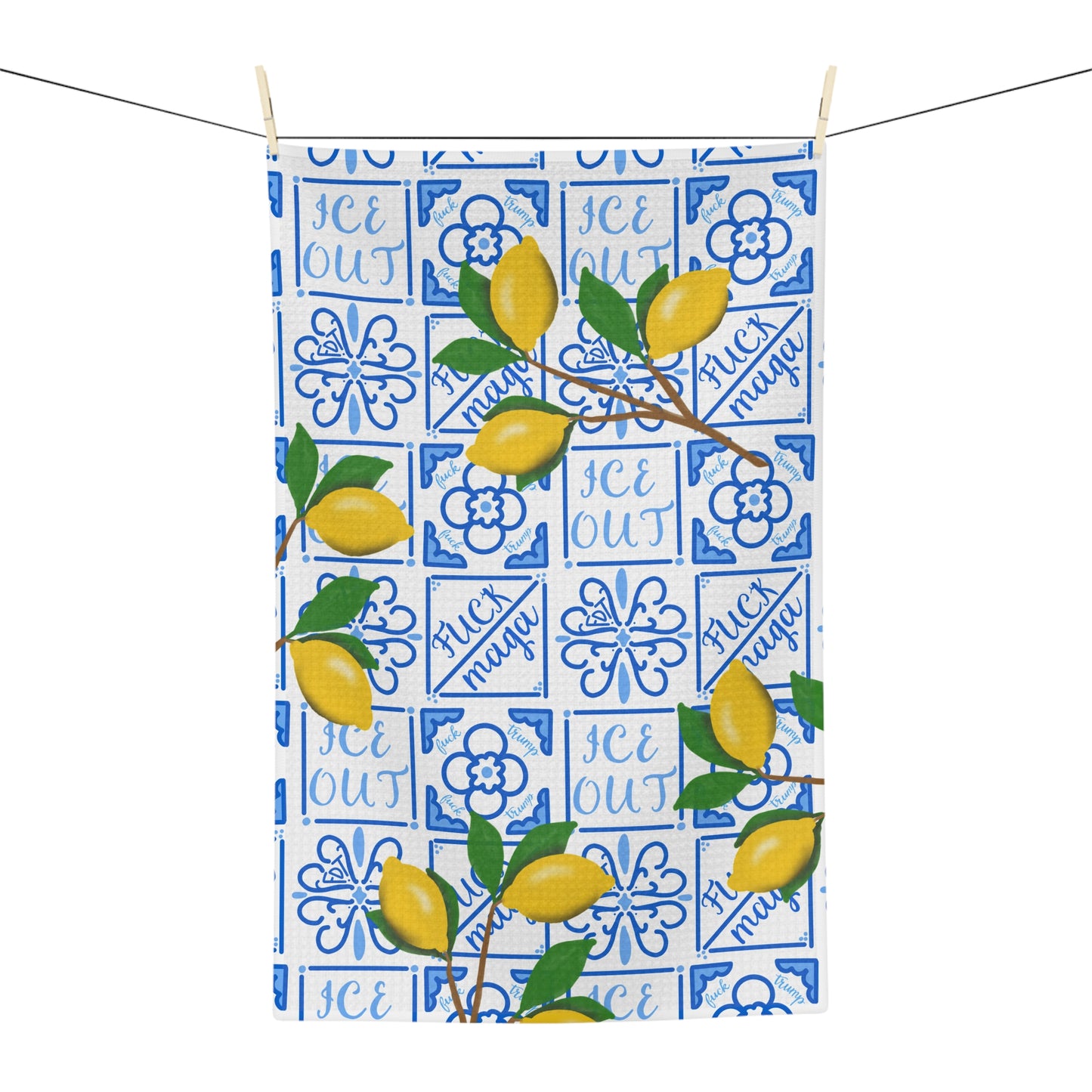 Slightly Subtle Amalfi Lemons on Blue Tile Microfiber Tea Towel | Mediterranean Lemon Kitchen Towel