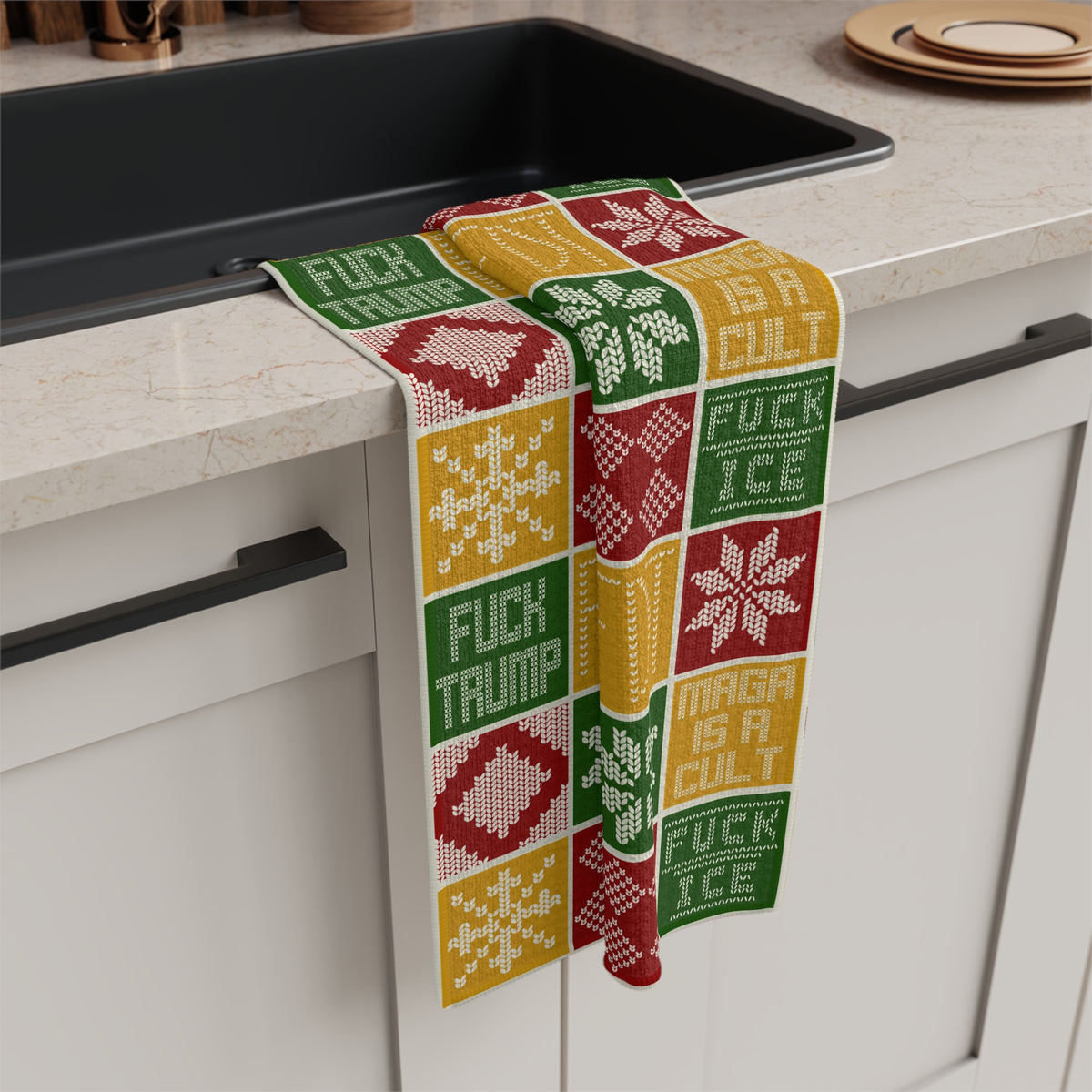 Political Holiday Tea Towel  Festive Knit Pattern with ‘MAGA Is a Cult’ FDT ice out