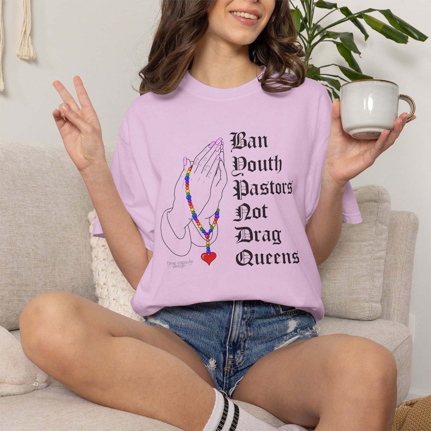 Ban South Pastors Not Drag Queens T-Shirt — Prayer Hands with Rainbow Rosary LGBTQ+ Ally Tee