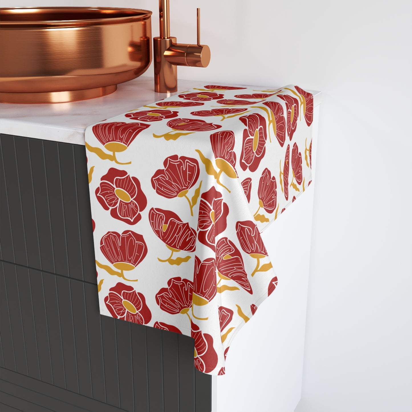 Slightly Subtle Red Poppy Floral Pattern Hand Towel | Botanical Kitchen or Bathroom Linen