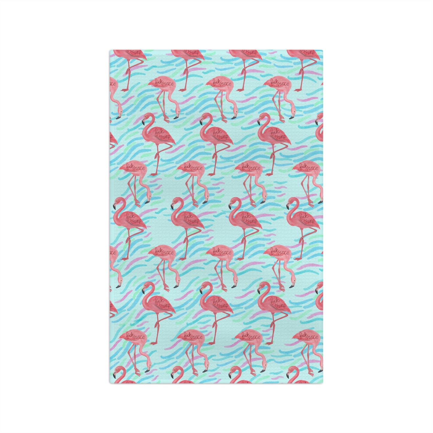 Flamingo Pattern Microfiber Tea Towel FDT Tropical Pink Flamingos on Aqua Waves