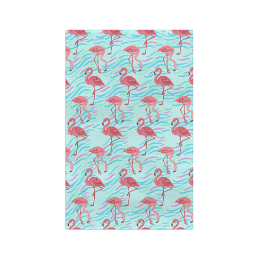 Flamingo Pattern Microfiber Tea Towel FDT Tropical Pink Flamingos on Aqua Waves
