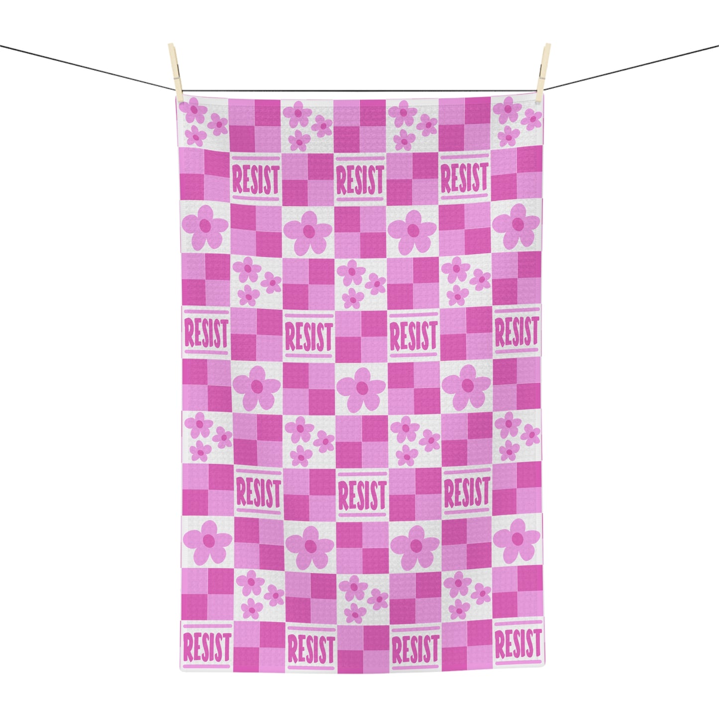 Resist Pink Checkerboard Tea Towel — Floral Microfiber Kitchen Towel