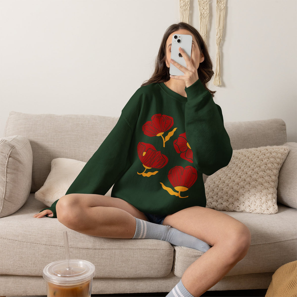 Slightly Subtle Red Poppy Floral Illustration Sweatshirt | Hand-Drawn Blooms, Minimal Botanical FDT