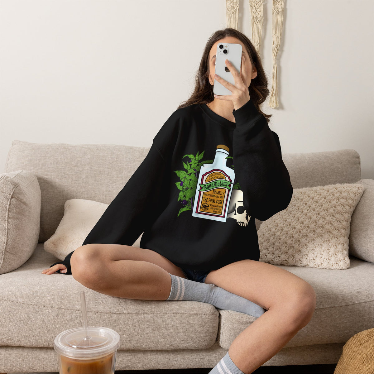 Crewneck Sweatshirt Aqua Tofana Apothecary Bottle & Skull Graphic