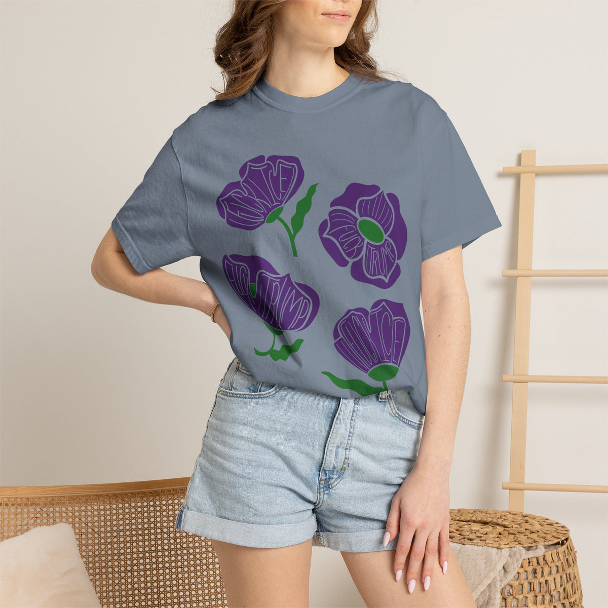 Slightly Subtle Purple Poppy Floral Print T-shirt | Hand-Drawn Flower Illustration FDT